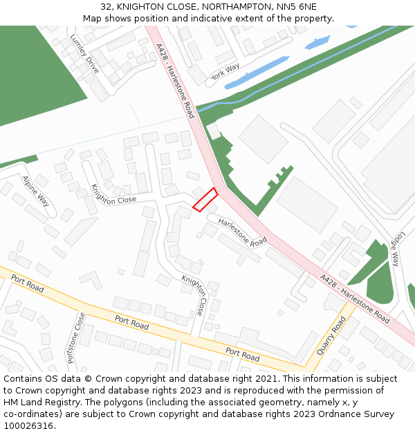 32, KNIGHTON CLOSE, NORTHAMPTON, NN5 6NE: Location map and indicative extent of plot