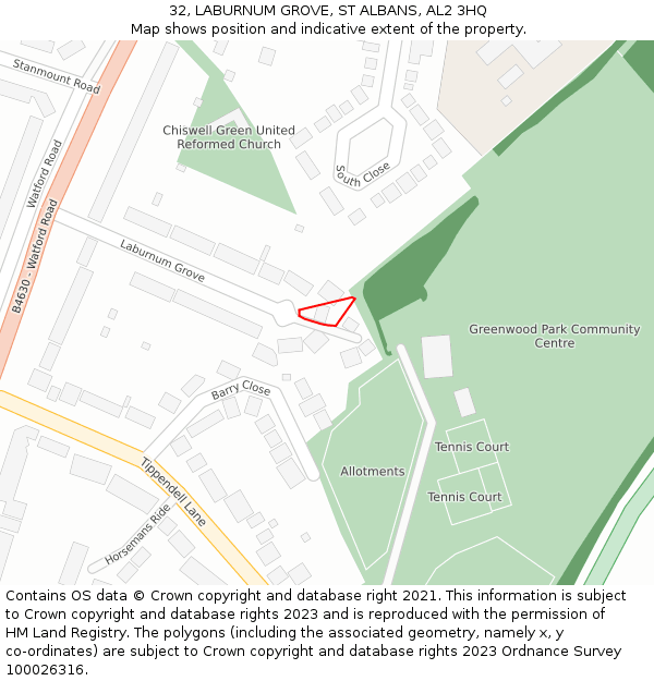 32, LABURNUM GROVE, ST ALBANS, AL2 3HQ: Location map and indicative extent of plot