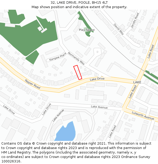 32, LAKE DRIVE, POOLE, BH15 4LT: Location map and indicative extent of plot