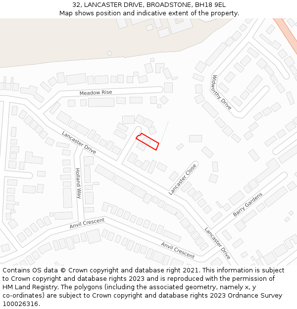 32, LANCASTER DRIVE, BROADSTONE, BH18 9EL: Location map and indicative extent of plot