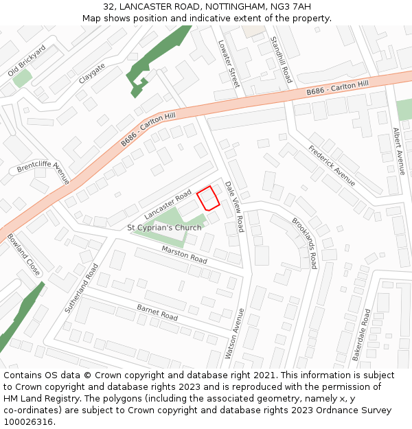 32, LANCASTER ROAD, NOTTINGHAM, NG3 7AH: Location map and indicative extent of plot