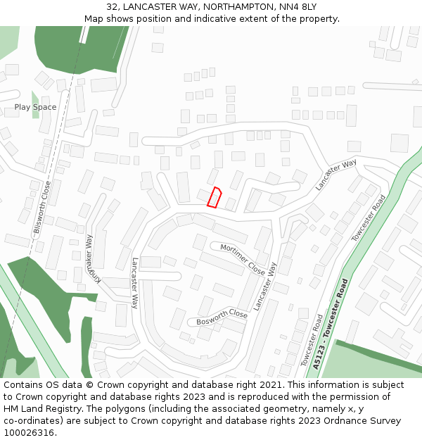 32, LANCASTER WAY, NORTHAMPTON, NN4 8LY: Location map and indicative extent of plot