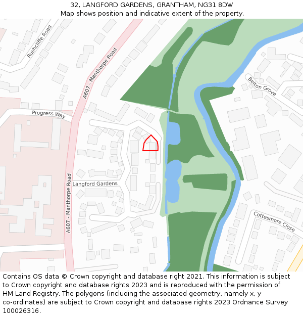 32, LANGFORD GARDENS, GRANTHAM, NG31 8DW: Location map and indicative extent of plot