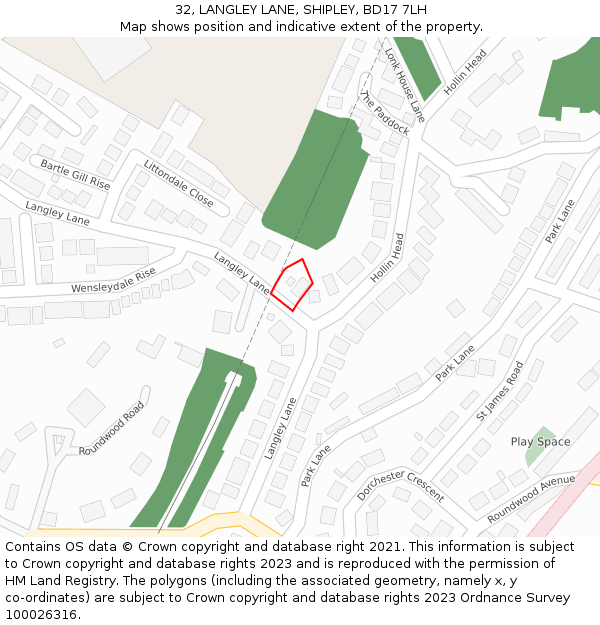 32, LANGLEY LANE, SHIPLEY, BD17 7LH: Location map and indicative extent of plot