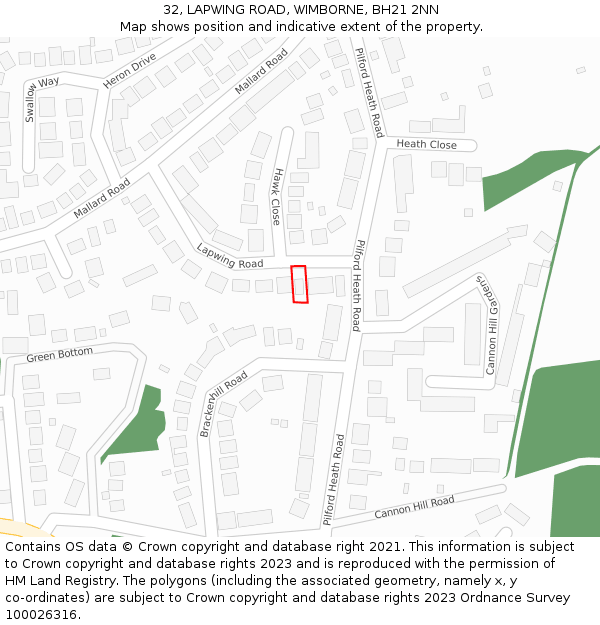 32, LAPWING ROAD, WIMBORNE, BH21 2NN: Location map and indicative extent of plot