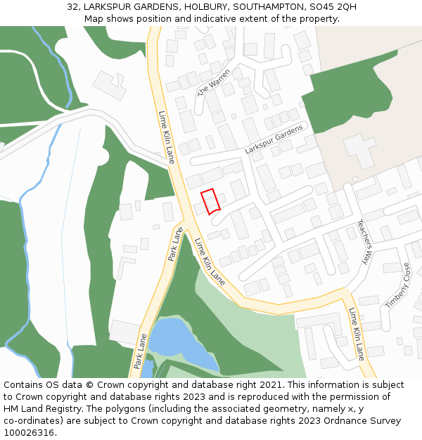 32, LARKSPUR GARDENS, HOLBURY, SOUTHAMPTON, SO45 2QH: Location map and indicative extent of plot