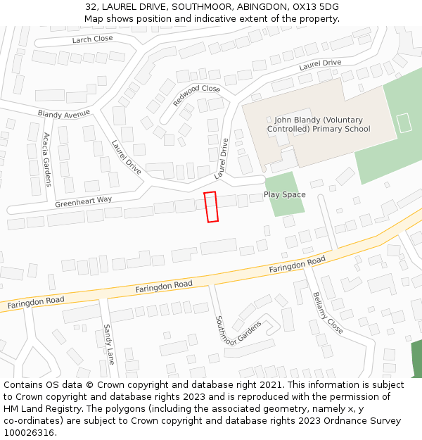 32, LAUREL DRIVE, SOUTHMOOR, ABINGDON, OX13 5DG: Location map and indicative extent of plot