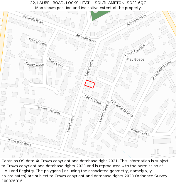 32, LAUREL ROAD, LOCKS HEATH, SOUTHAMPTON, SO31 6QG: Location map and indicative extent of plot