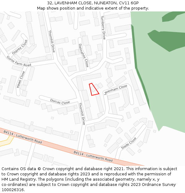 32, LAVENHAM CLOSE, NUNEATON, CV11 6GP: Location map and indicative extent of plot