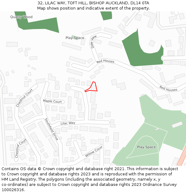 32, LILAC WAY, TOFT HILL, BISHOP AUCKLAND, DL14 0TA: Location map and indicative extent of plot