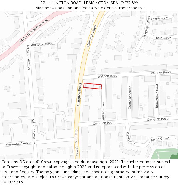 32, LILLINGTON ROAD, LEAMINGTON SPA, CV32 5YY: Location map and indicative extent of plot