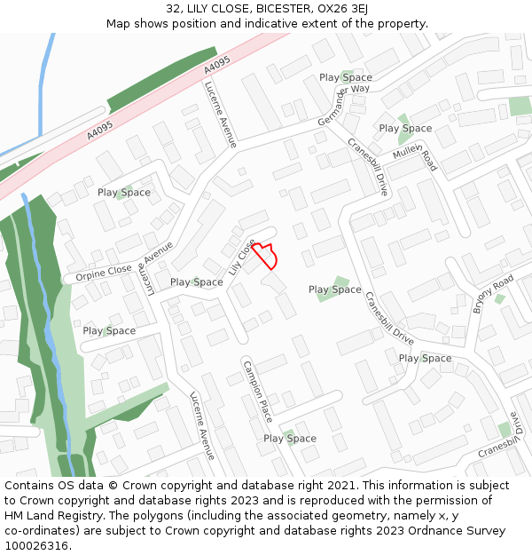 32, LILY CLOSE, BICESTER, OX26 3EJ: Location map and indicative extent of plot