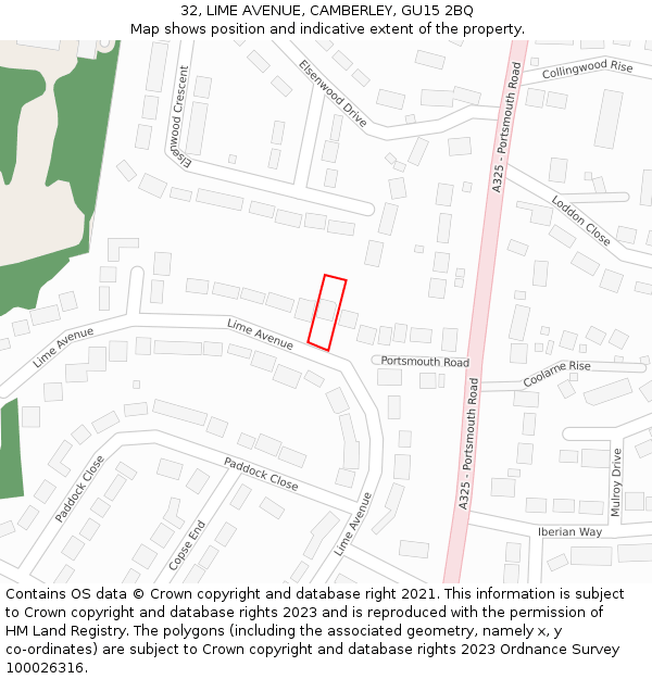 32, LIME AVENUE, CAMBERLEY, GU15 2BQ: Location map and indicative extent of plot