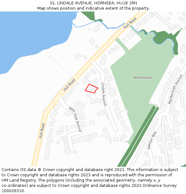 32, LINDALE AVENUE, HORNSEA, HU18 1RN: Location map and indicative extent of plot