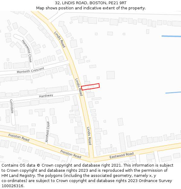 32, LINDIS ROAD, BOSTON, PE21 9RT: Location map and indicative extent of plot