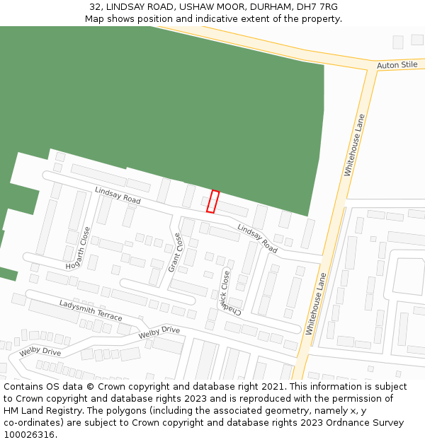 32, LINDSAY ROAD, USHAW MOOR, DURHAM, DH7 7RG: Location map and indicative extent of plot