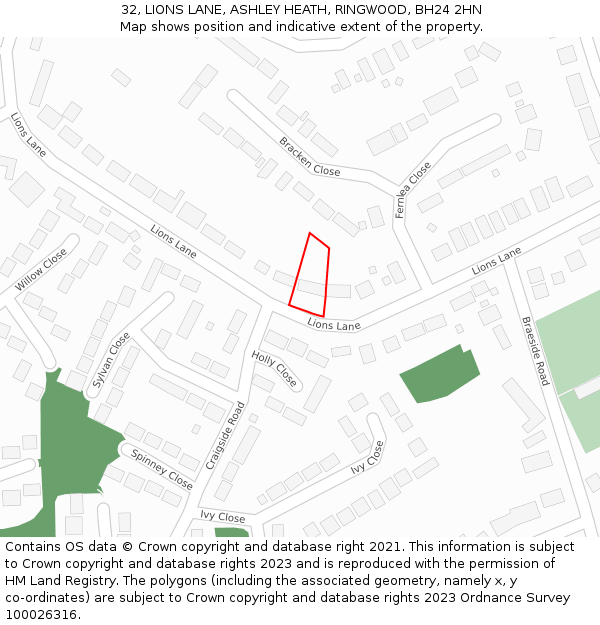 32, LIONS LANE, ASHLEY HEATH, RINGWOOD, BH24 2HN: Location map and indicative extent of plot