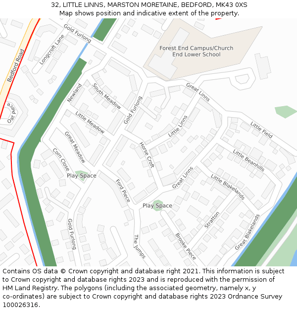 32, LITTLE LINNS, MARSTON MORETAINE, BEDFORD, MK43 0XS: Location map and indicative extent of plot