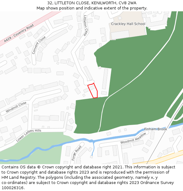 32, LITTLETON CLOSE, KENILWORTH, CV8 2WA: Location map and indicative extent of plot