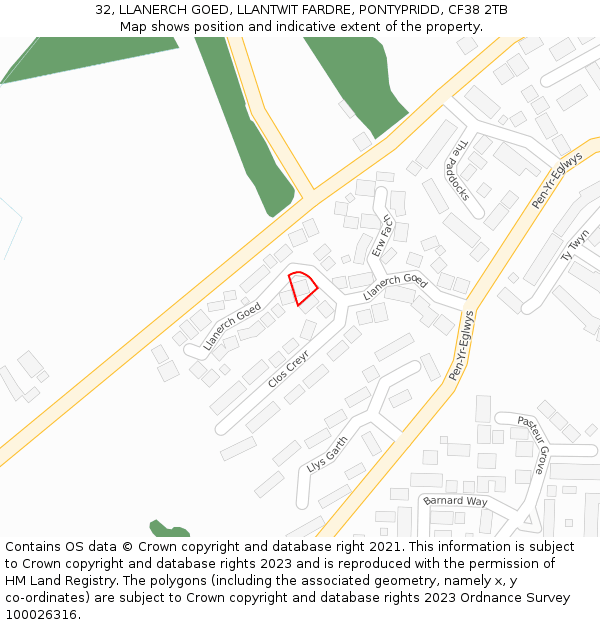 32, LLANERCH GOED, LLANTWIT FARDRE, PONTYPRIDD, CF38 2TB: Location map and indicative extent of plot