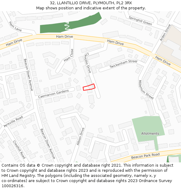 32, LLANTILLIO DRIVE, PLYMOUTH, PL2 3RX: Location map and indicative extent of plot