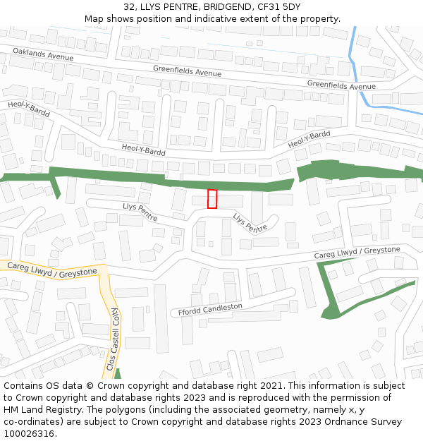 32, LLYS PENTRE, BRIDGEND, CF31 5DY: Location map and indicative extent of plot
