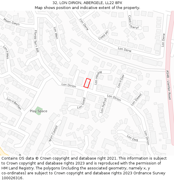 32, LON DIRION, ABERGELE, LL22 8PX: Location map and indicative extent of plot