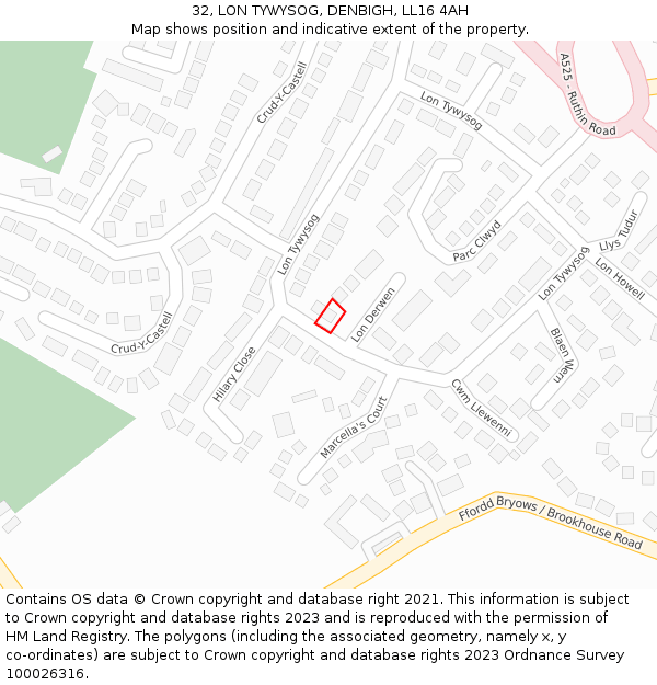 32, LON TYWYSOG, DENBIGH, LL16 4AH: Location map and indicative extent of plot