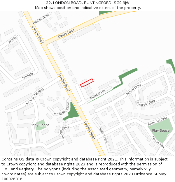 32, LONDON ROAD, BUNTINGFORD, SG9 9JW: Location map and indicative extent of plot