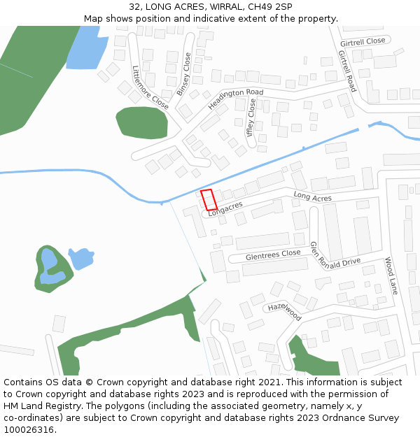 32, LONG ACRES, WIRRAL, CH49 2SP: Location map and indicative extent of plot