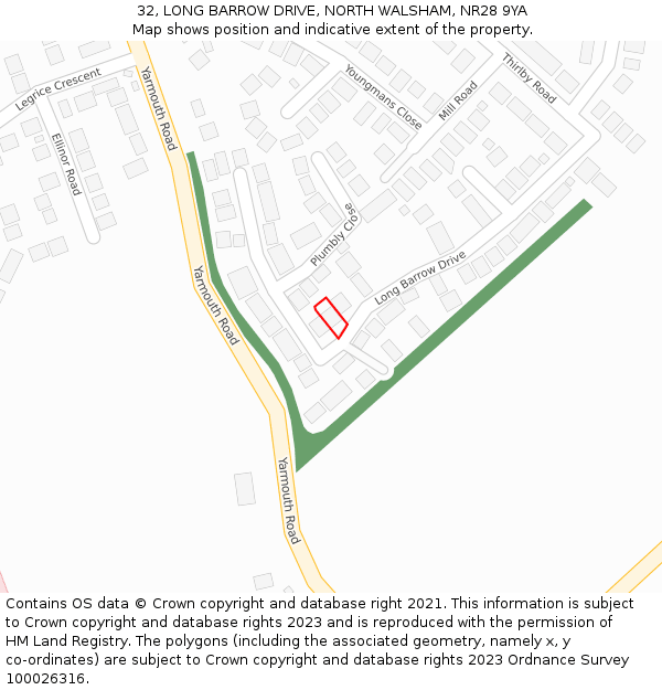 32, LONG BARROW DRIVE, NORTH WALSHAM, NR28 9YA: Location map and indicative extent of plot