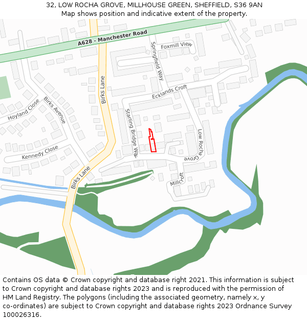 32, LOW ROCHA GROVE, MILLHOUSE GREEN, SHEFFIELD, S36 9AN: Location map and indicative extent of plot