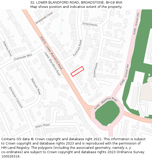 32, LOWER BLANDFORD ROAD, BROADSTONE, BH18 8NX: Location map and indicative extent of plot