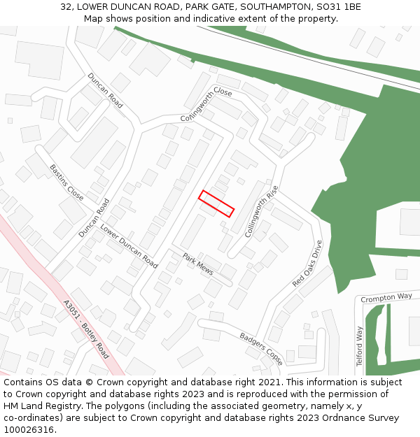 32, LOWER DUNCAN ROAD, PARK GATE, SOUTHAMPTON, SO31 1BE: Location map and indicative extent of plot