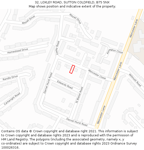 32, LOXLEY ROAD, SUTTON COLDFIELD, B75 5NX: Location map and indicative extent of plot