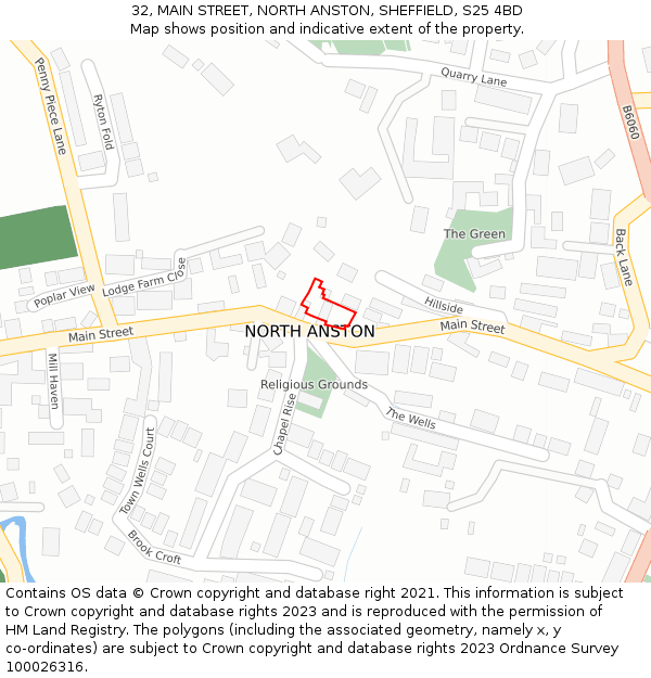 32, MAIN STREET, NORTH ANSTON, SHEFFIELD, S25 4BD: Location map and indicative extent of plot