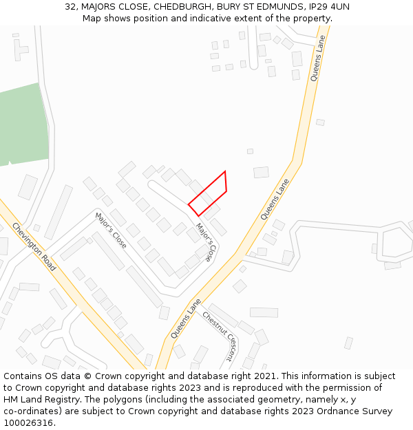 32, MAJORS CLOSE, CHEDBURGH, BURY ST EDMUNDS, IP29 4UN: Location map and indicative extent of plot