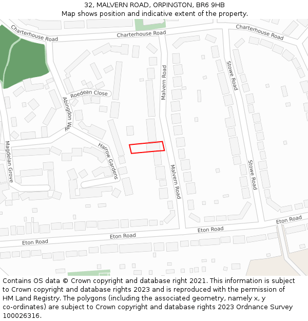 32, MALVERN ROAD, ORPINGTON, BR6 9HB: Location map and indicative extent of plot