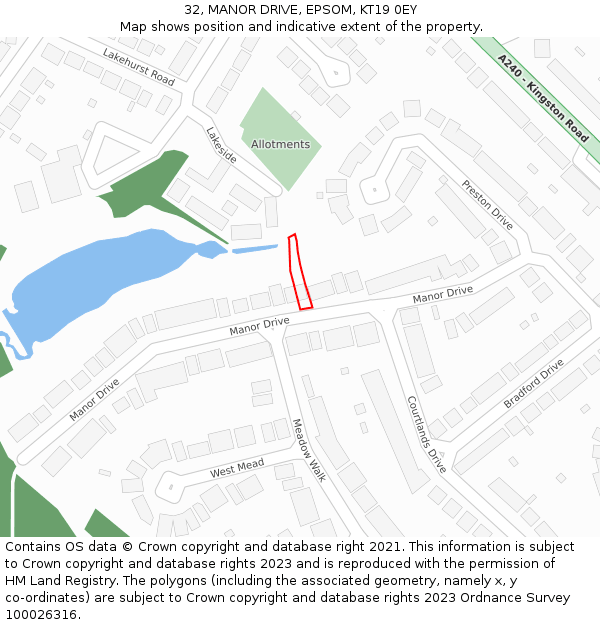 32, MANOR DRIVE, EPSOM, KT19 0EY: Location map and indicative extent of plot