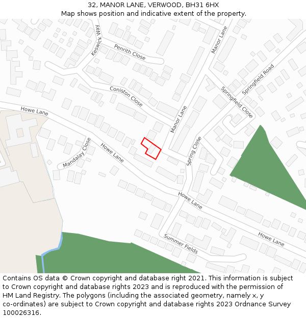 32, MANOR LANE, VERWOOD, BH31 6HX: Location map and indicative extent of plot