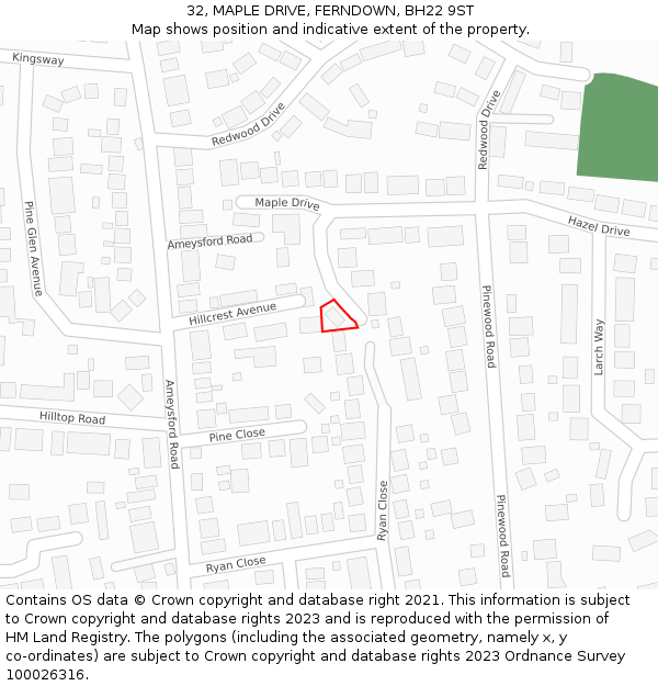 32, MAPLE DRIVE, FERNDOWN, BH22 9ST: Location map and indicative extent of plot