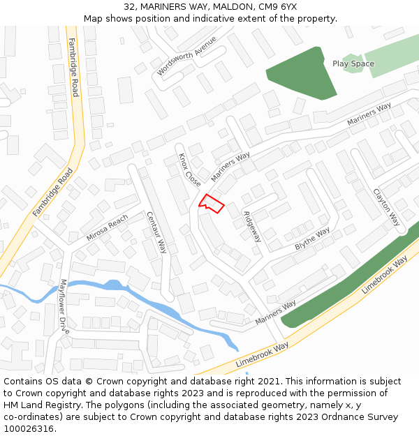 32, MARINERS WAY, MALDON, CM9 6YX: Location map and indicative extent of plot