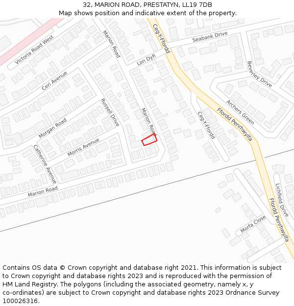 32, MARION ROAD, PRESTATYN, LL19 7DB: Location map and indicative extent of plot