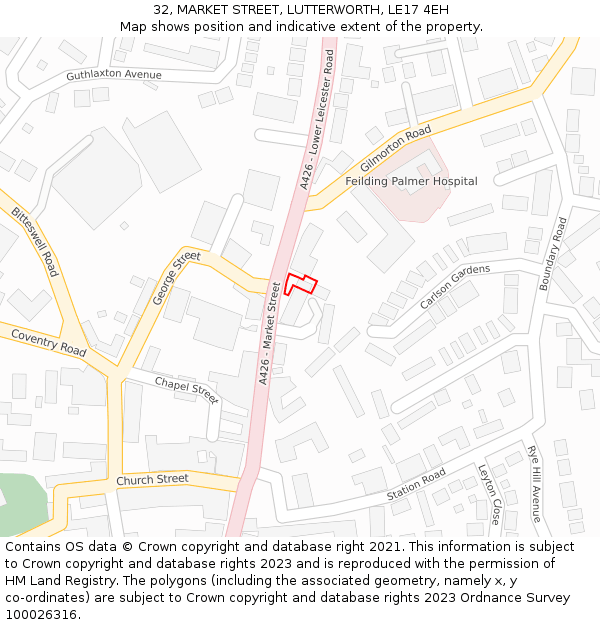 32, MARKET STREET, LUTTERWORTH, LE17 4EH: Location map and indicative extent of plot