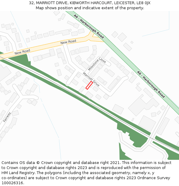 32, MARRIOTT DRIVE, KIBWORTH HARCOURT, LEICESTER, LE8 0JX: Location map and indicative extent of plot