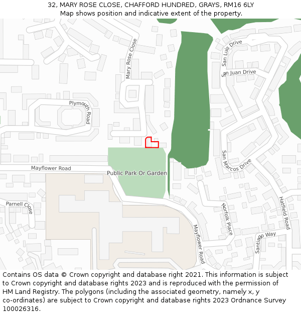 32, MARY ROSE CLOSE, CHAFFORD HUNDRED, GRAYS, RM16 6LY: Location map and indicative extent of plot