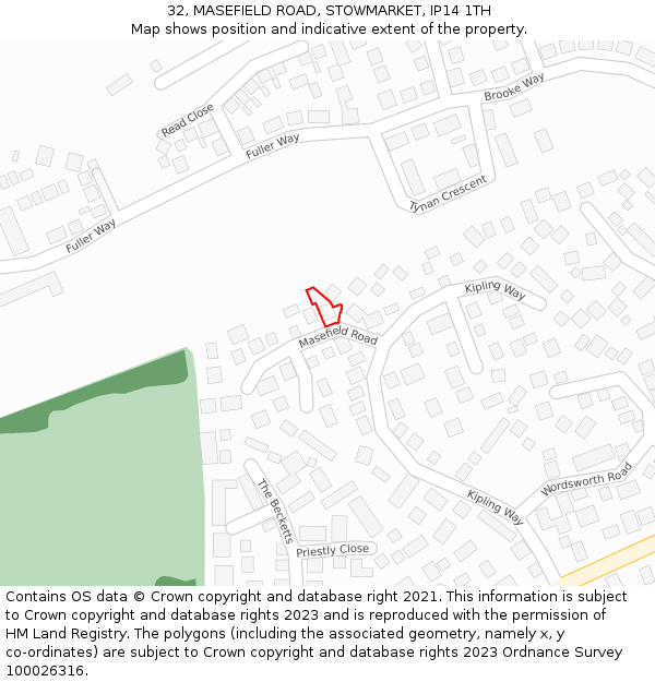 32, MASEFIELD ROAD, STOWMARKET, IP14 1TH: Location map and indicative extent of plot