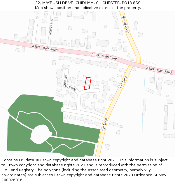 32, MAYBUSH DRIVE, CHIDHAM, CHICHESTER, PO18 8SS: Location map and indicative extent of plot