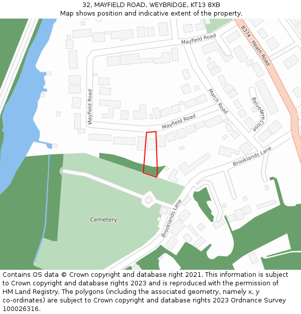 32, MAYFIELD ROAD, WEYBRIDGE, KT13 8XB: Location map and indicative extent of plot