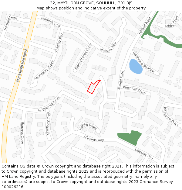 32, MAYTHORN GROVE, SOLIHULL, B91 3JS: Location map and indicative extent of plot